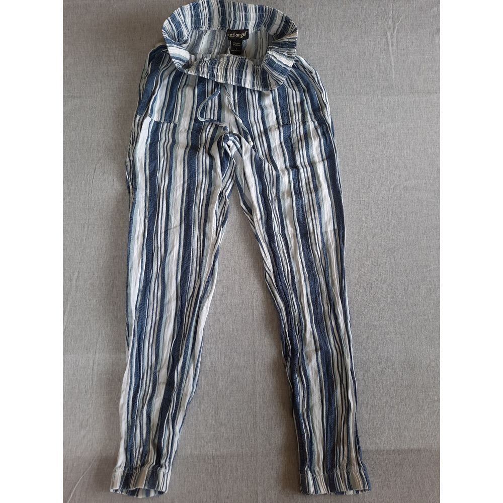 Like An Angel Women Large Drawstring Waistband‎ Stripes Ankle Jogger Pants Blue
